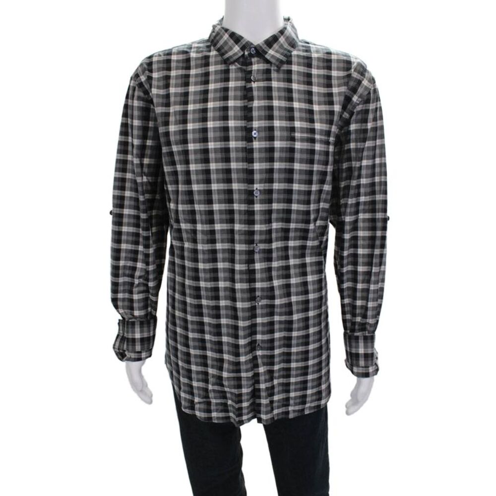 John Varvatos Mens Button-Down Plaid Collared Long Sleeve Cotton Shirt Size 2XL